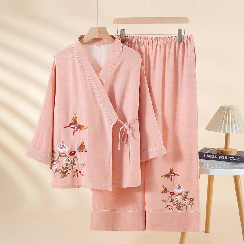 Pyjama Japonais Femme Brodé Rose Stylé