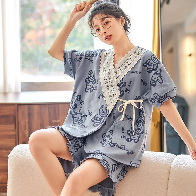 Pyjama Kimono Femme Bleu à Dentelles Confortable