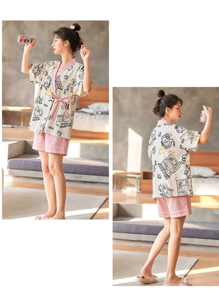 Pyjama Kimono Femme Chat Mignon Rose