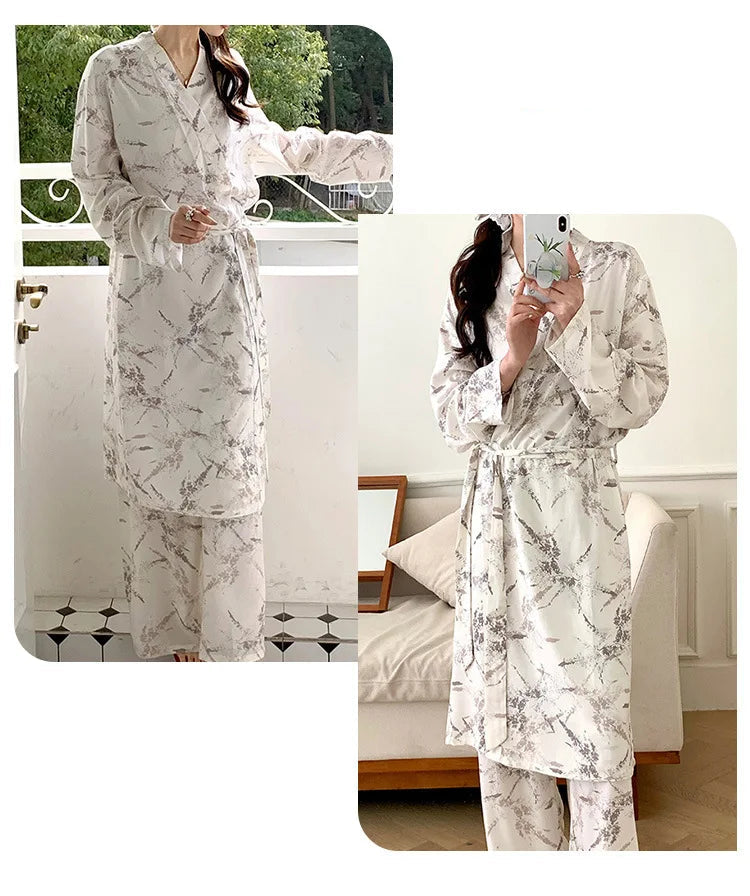 Pyjama Kimono Long Blanc Imprimé Floral
