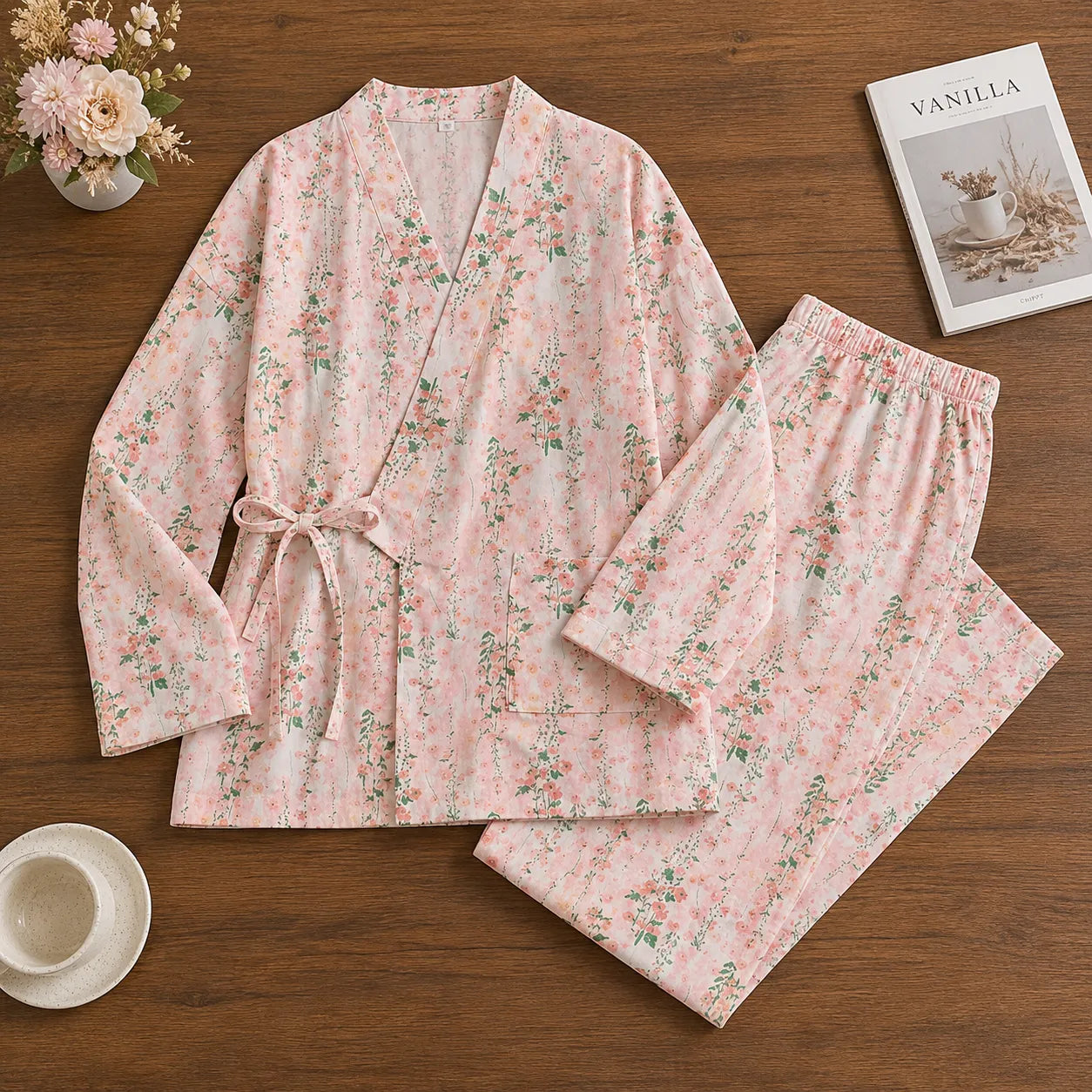 Pyjama Kimono Rose Floral Stylé