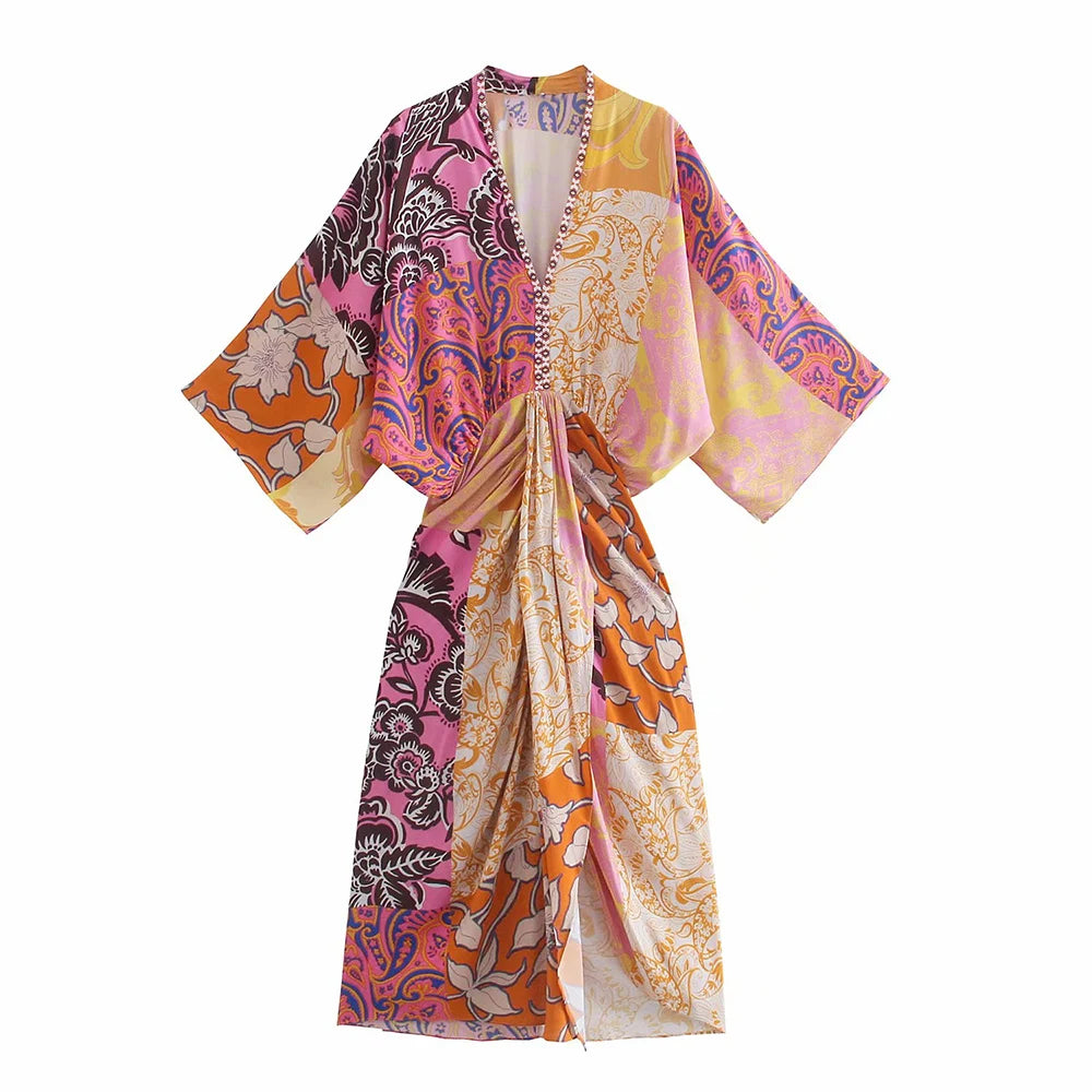 Robe Kimono Colorée à Fente Classique