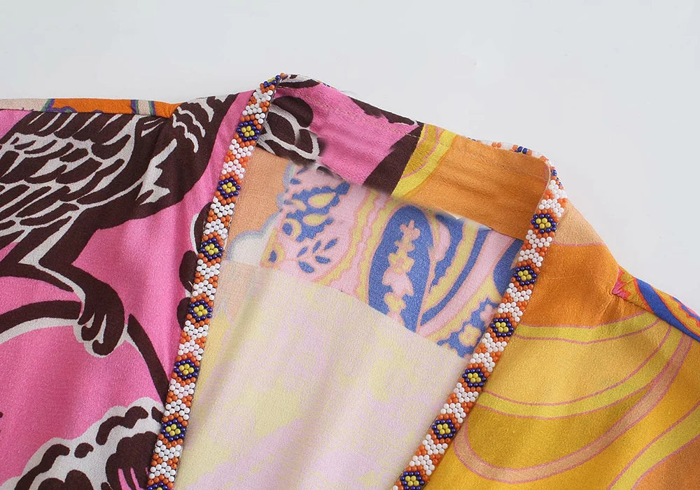 Robe Kimono Colorée à Fente Soyeuse