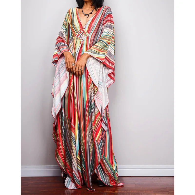Robe Kimono Colorée à Rayures Chic