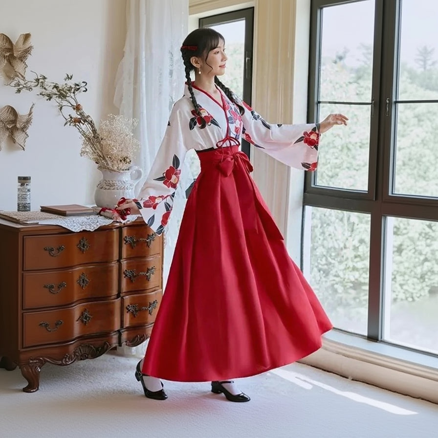 Robe Kimono Japonaise Fleurie Rouge et Blanc