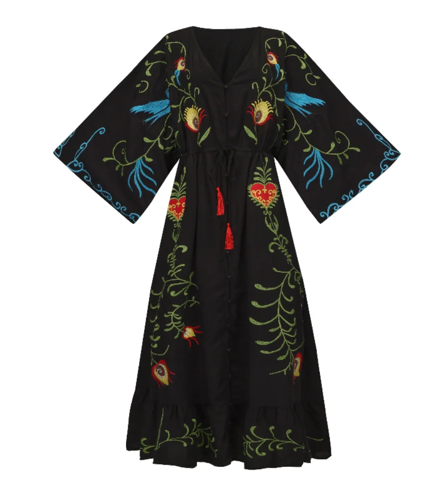 Robe Kimono Légère Brodée black