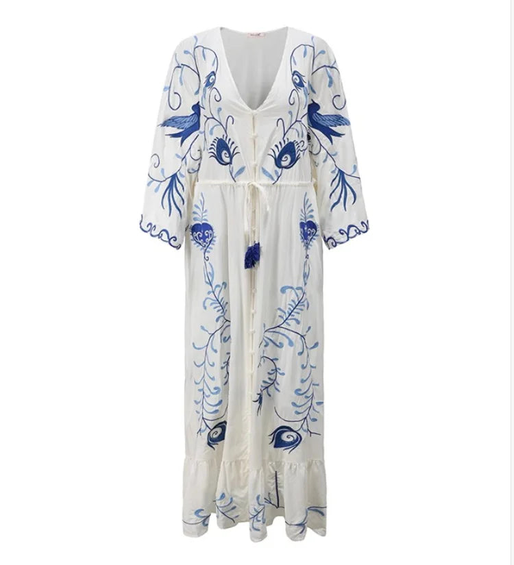 Robe Kimono Légère Brodée blanc