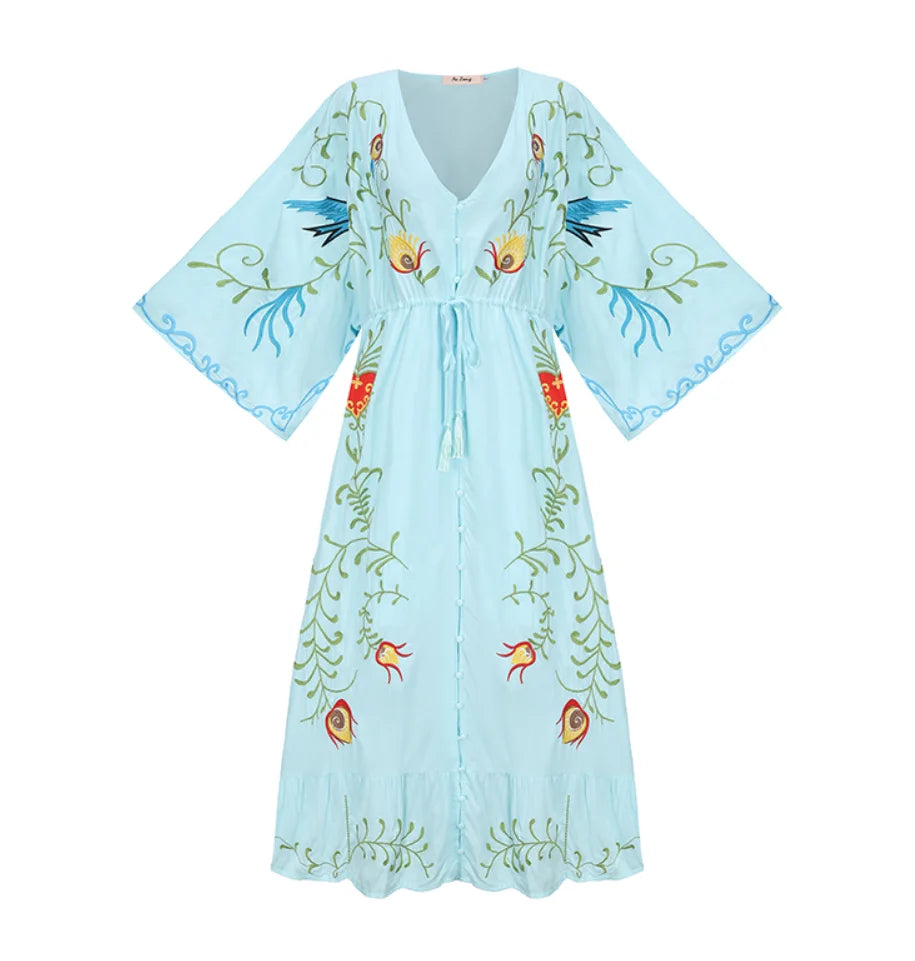 Robe Kimono Légère Brodée bleu