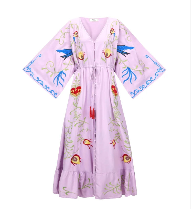 Robe Kimono Légère Brodée violet