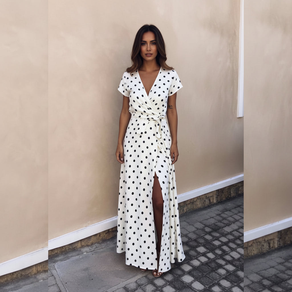Robe Kimono Maxi à Pois Blanc