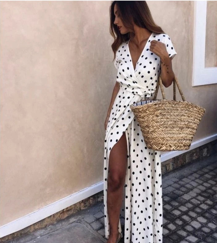 Robe Kimono Maxi à Pois Blanc léger