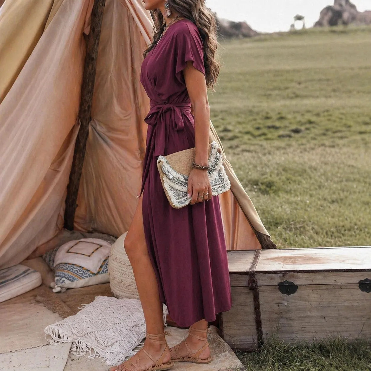 Robe Kimono Midi à Lacets Stylé