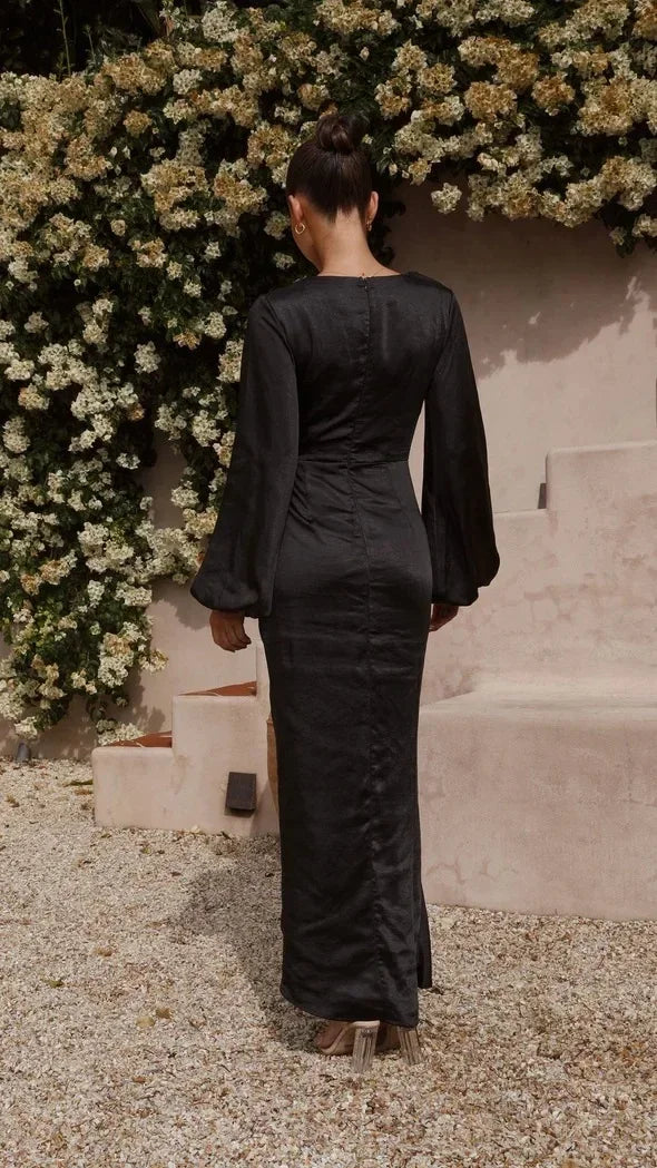 Robe Kimono Noire Élégante Satinée long