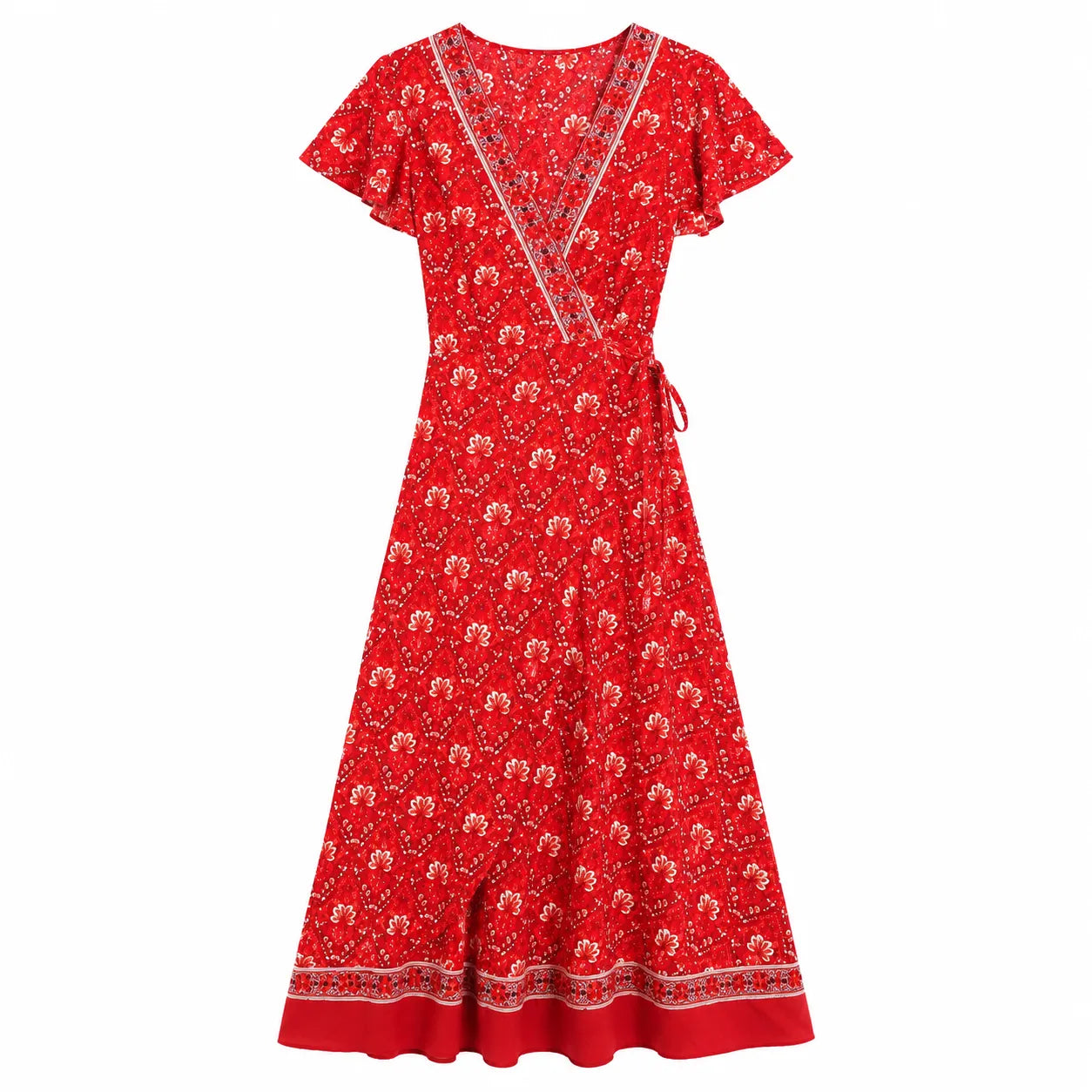 Robe Kimono Rouge Fleuri Retro Maxi