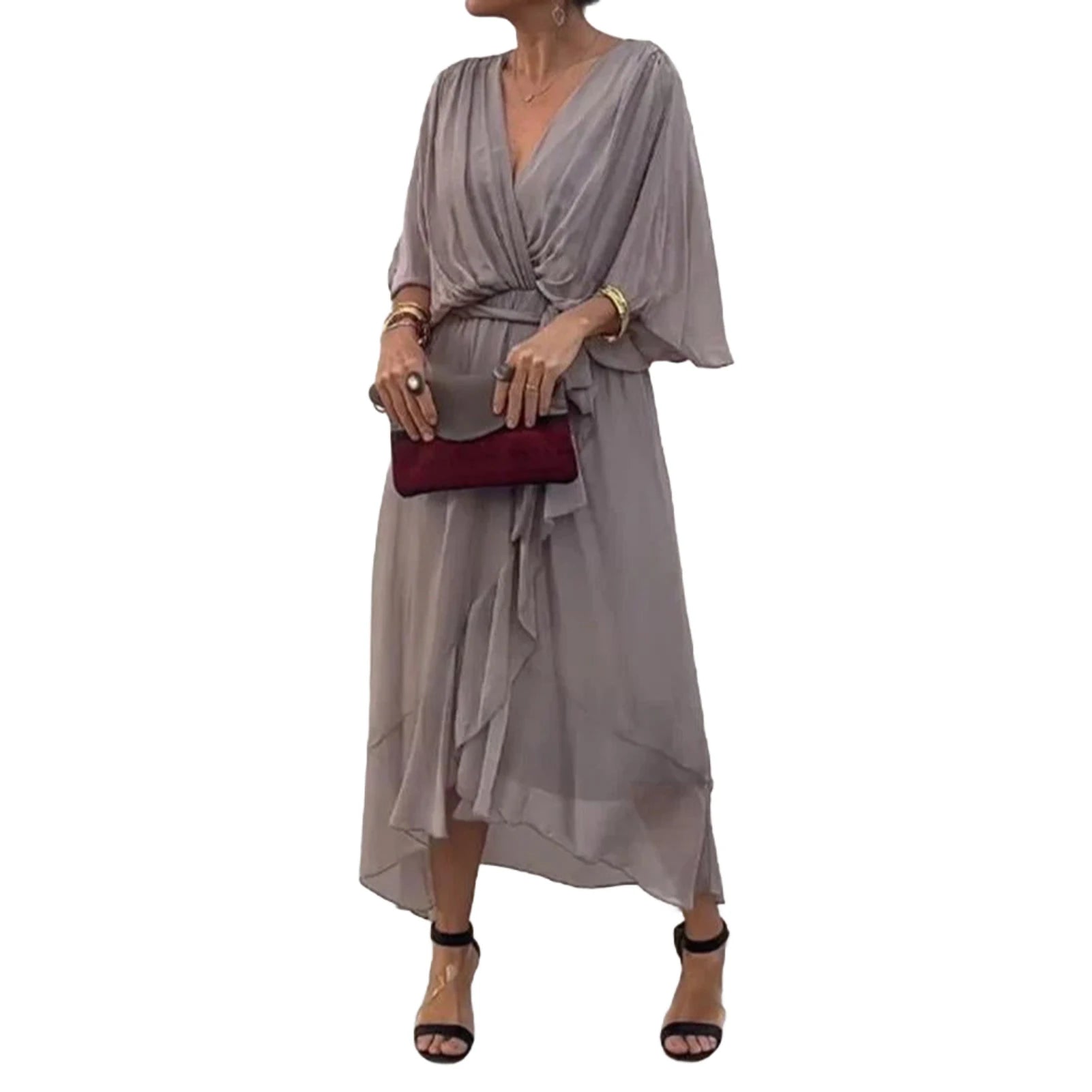 Robe Kimono Élégante à Volants femme Gris