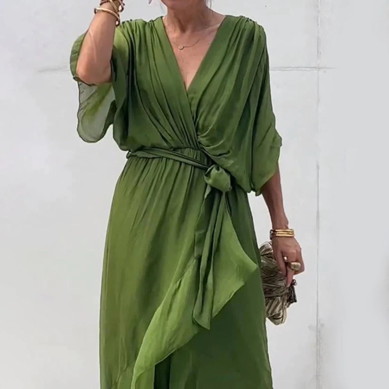 Robe Kimono Élégante à Volants légère Vert