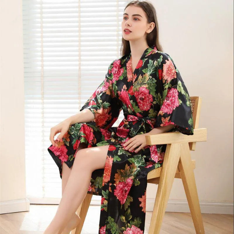 Robe de Chambre Kimono Fleuri Noir