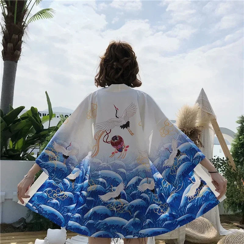 Veste Kimono Japonais Bleu Soyeux