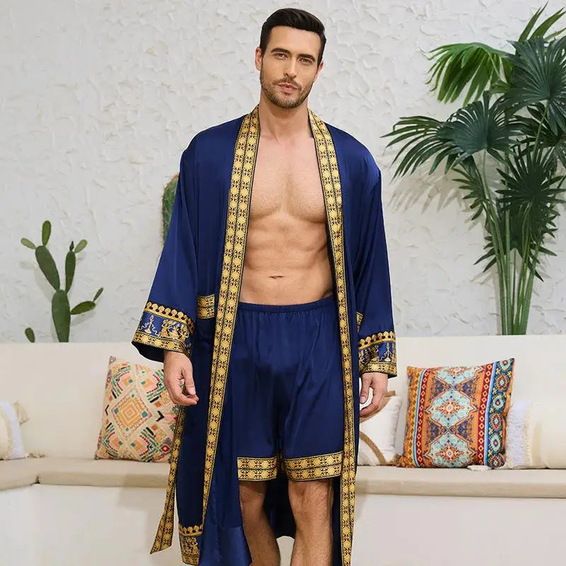 Kimono Japonais Homme en Satin de Soie Bleu