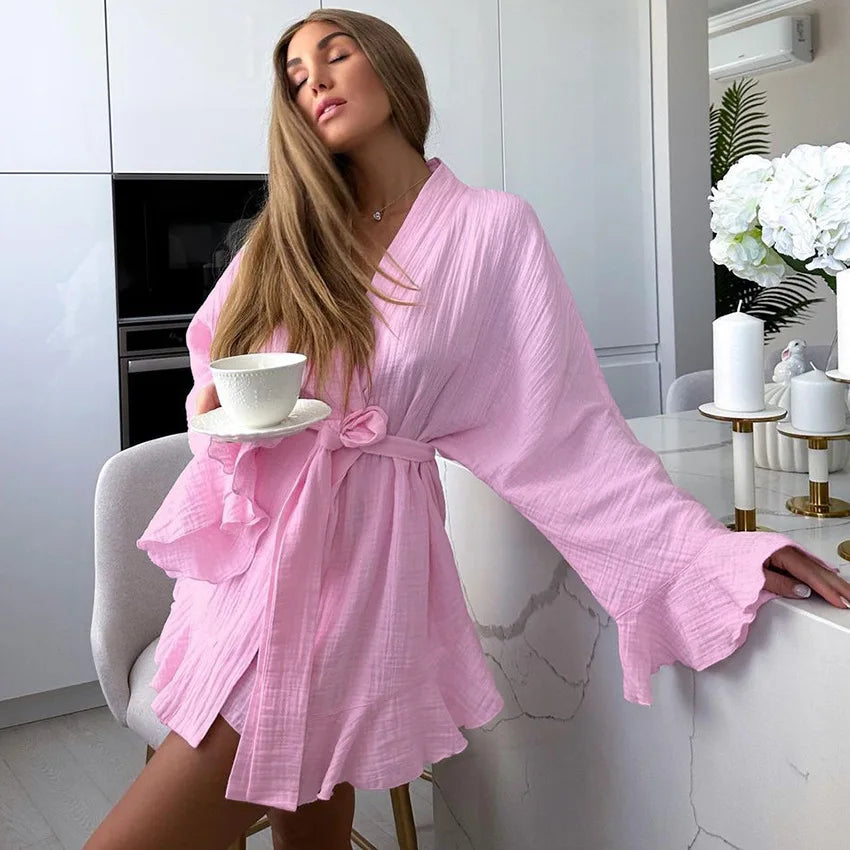 Peignoir Kimono à Volants Soyeux