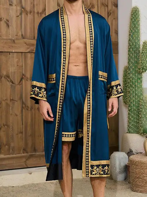 Kimono Japonais Homme en Satin de Soie Bleu