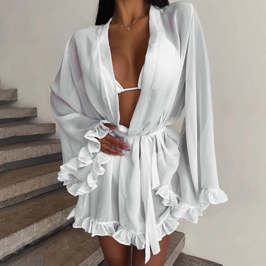 Peignoir Kimono de Nuit à Froufrous Raffiné