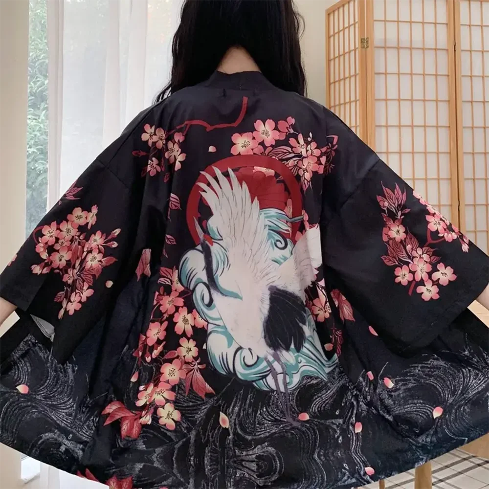 Veste Kimono Japonaise Noire Florale Confortable