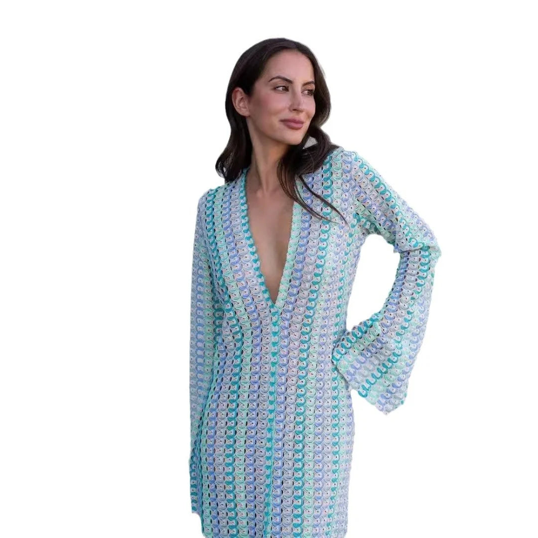 Robe Kimono Tricoté Bleue col V