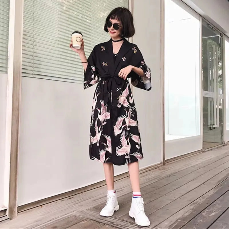 Veste Kimono Femme à Motifs Grues Stylé