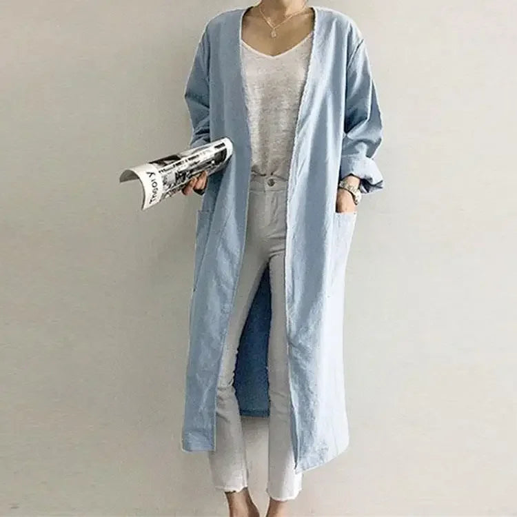 Veste Kimono Longue en Lin Bleu