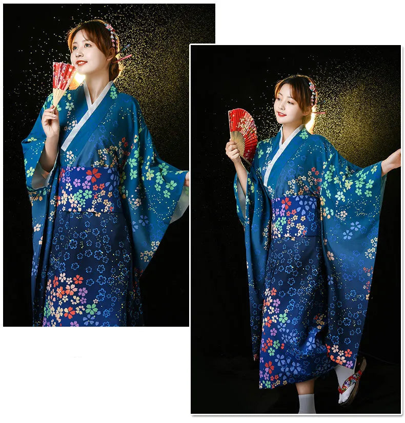 Kimono Soyeux Femme Japon Bleu