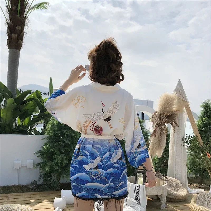 Veste Kimono Japonais Bleu Ceinture