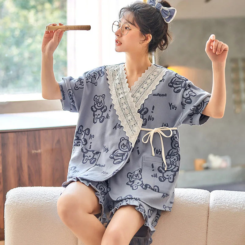 Pyjama Kimono Femme Bleu à Dentelles