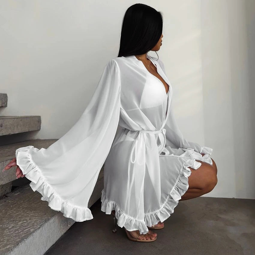 Peignoir Kimono de Nuit à Froufrous Élégant