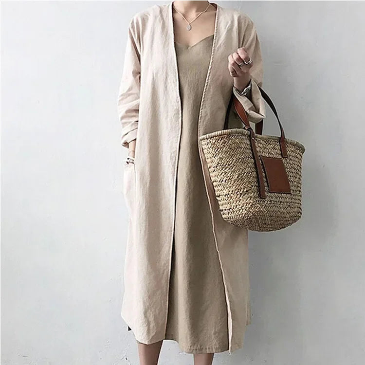 Veste Kimono Longue en Lin Beige