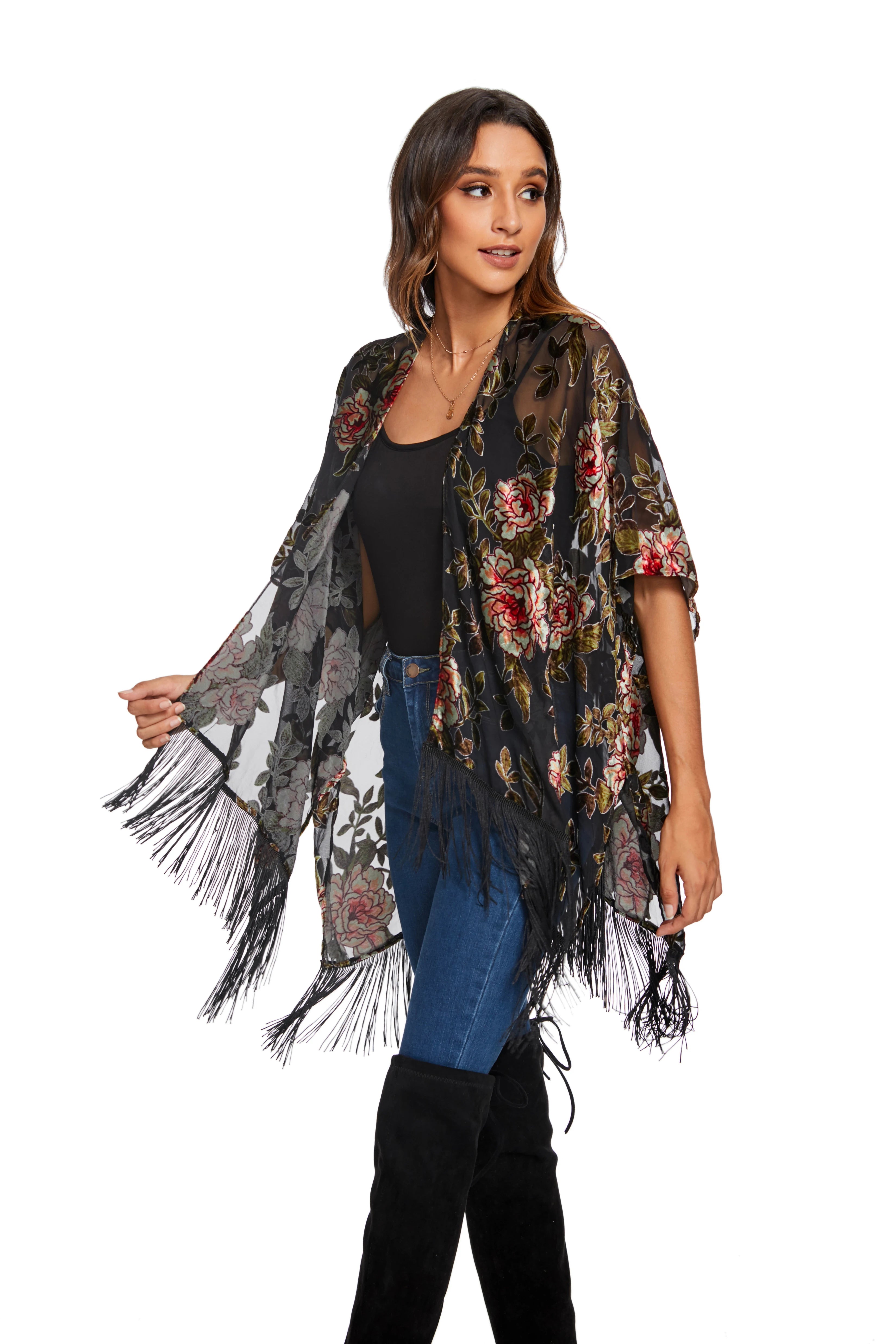 Kimono Fleuri Léger à Franges