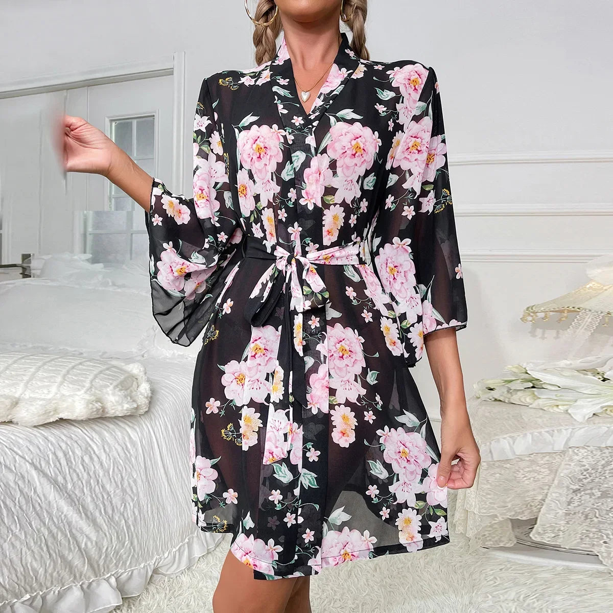 Peignoir Kimono Noir à Fleurs Sexy