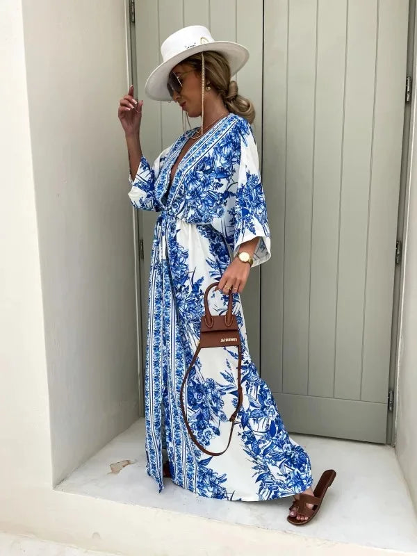 Robe Kimono Bleue Longue élégante