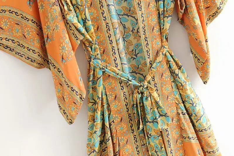 Robe Kimono Orange à Manches Chauve-souris avec ceinture