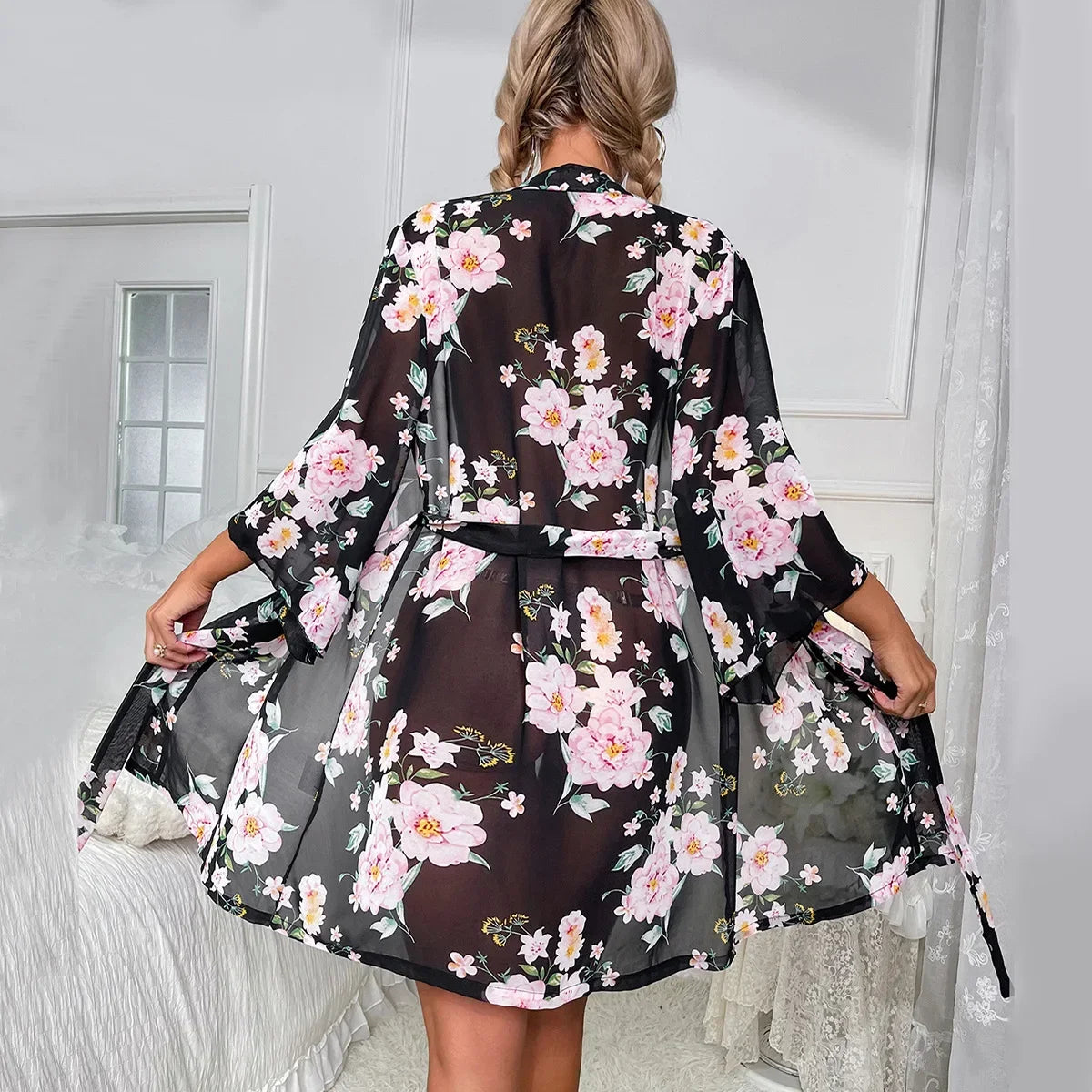 Peignoir Kimono Noir à Fleurs Sexy Léger