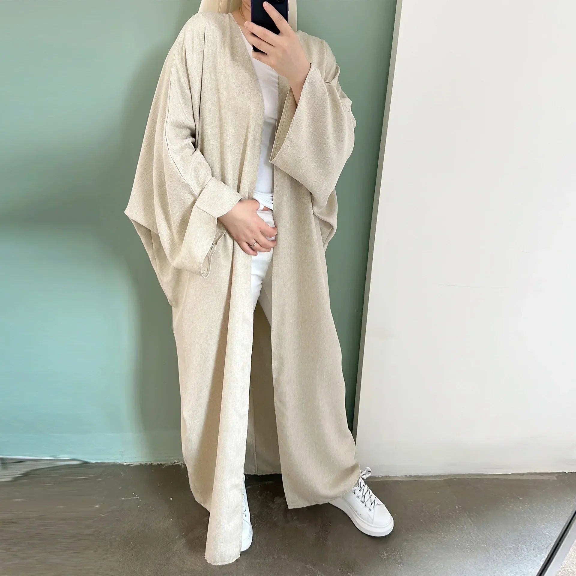 Abaya Kimono Beige Décontractée en Lin Moderne