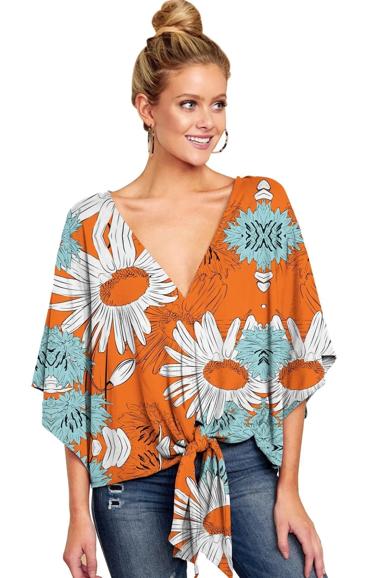 Kimono Manche Courte Femme Fleuri Orange