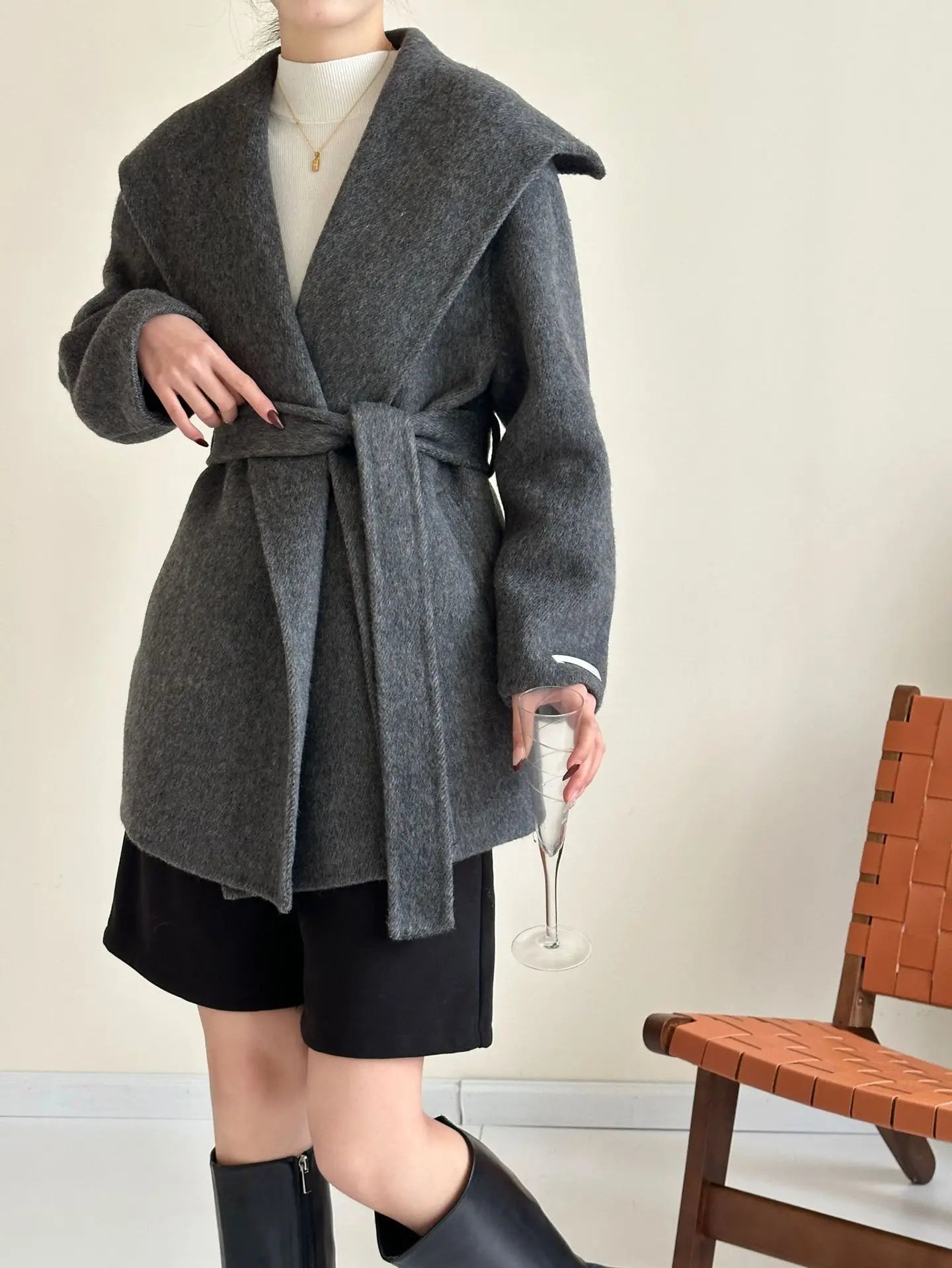 Manteau Kimono à Grand Col Gris
