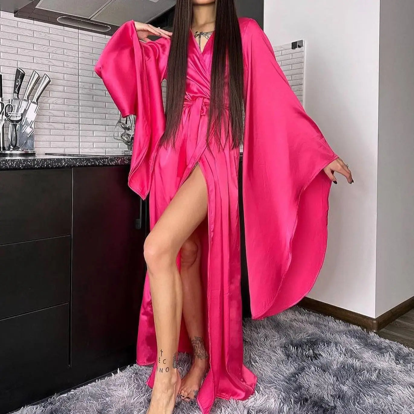 Robe Kimono à Manches Évasées rose