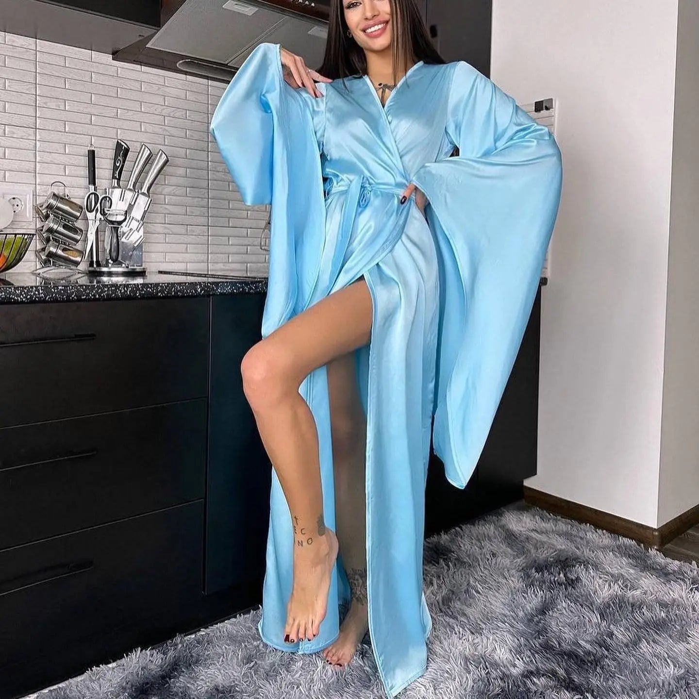 Robe Kimono à Manches Évasées bleu