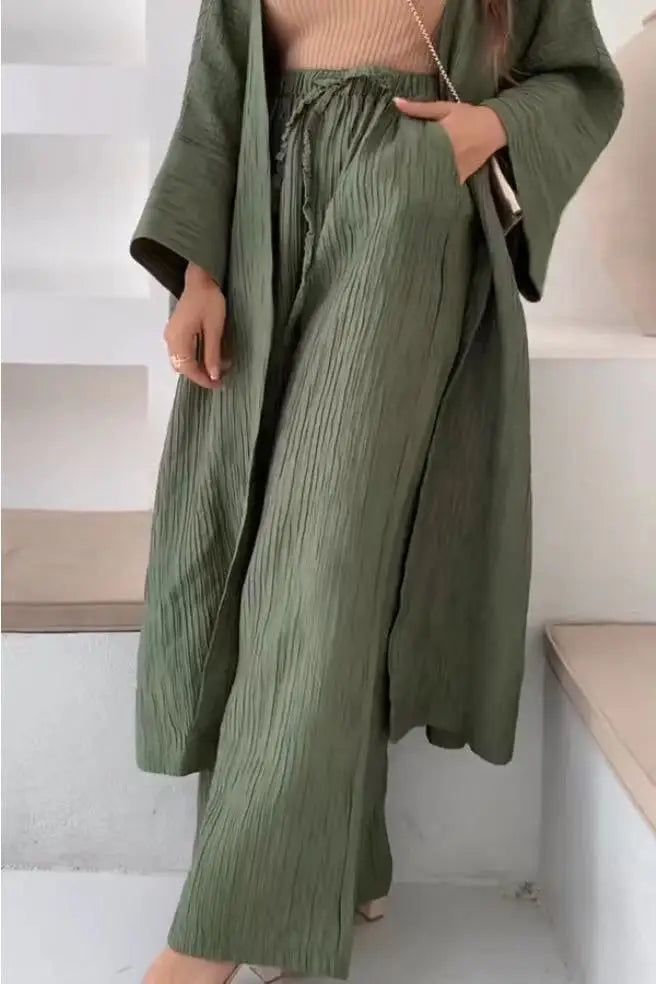 Ensemble Kimono Vert Décontracté Fluide Pantalon