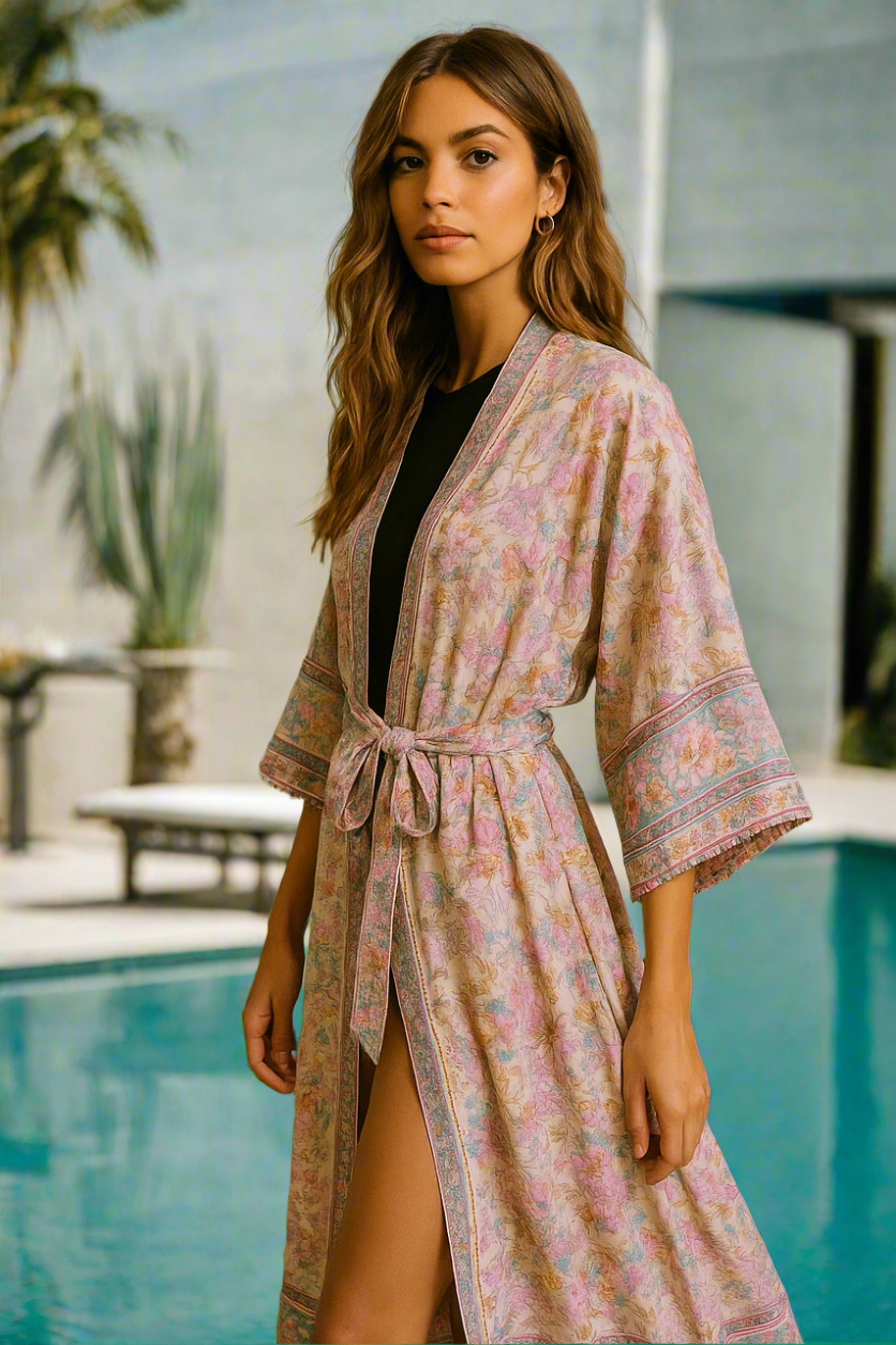 Kimono de Plage Rose à Fleurs
