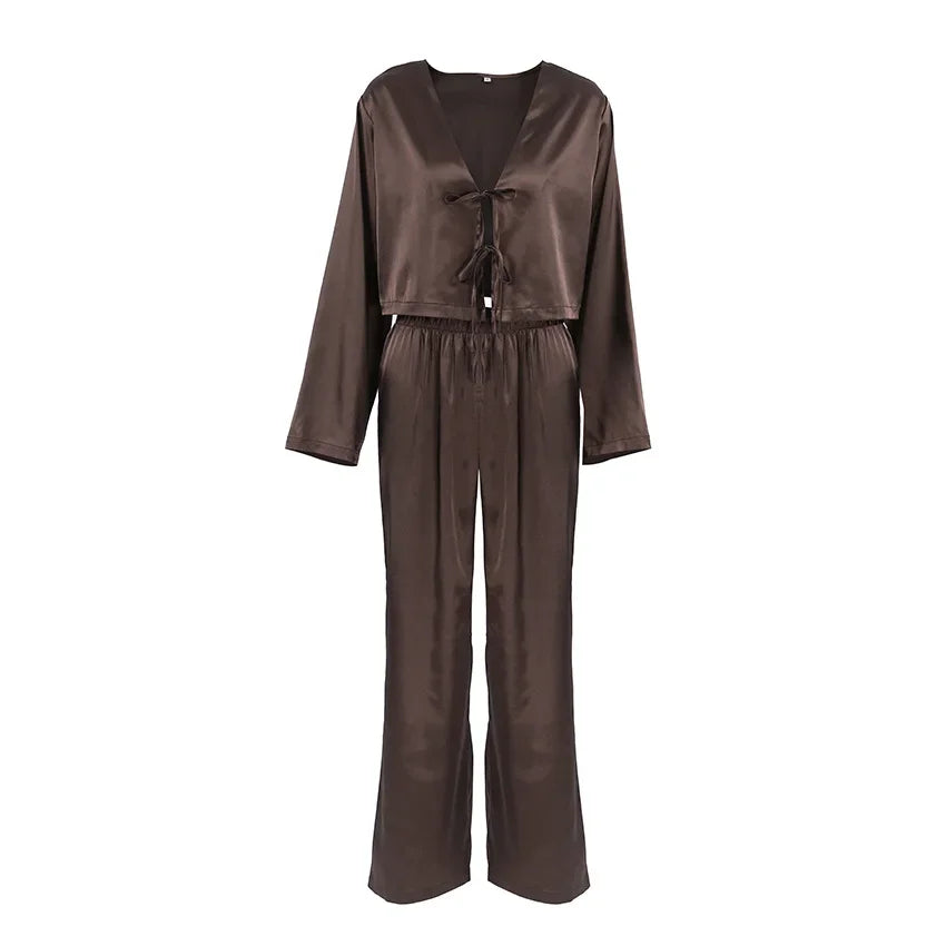 Kimono Pyjama Marron Satiné raffiné