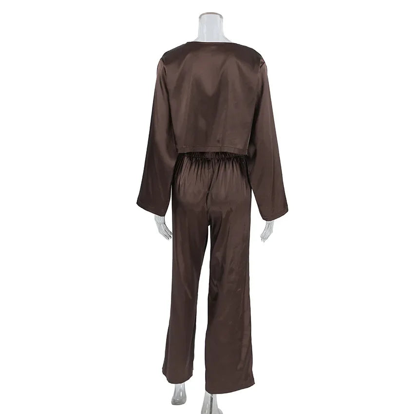 Kimono Pyjama Marron Satiné fluide
