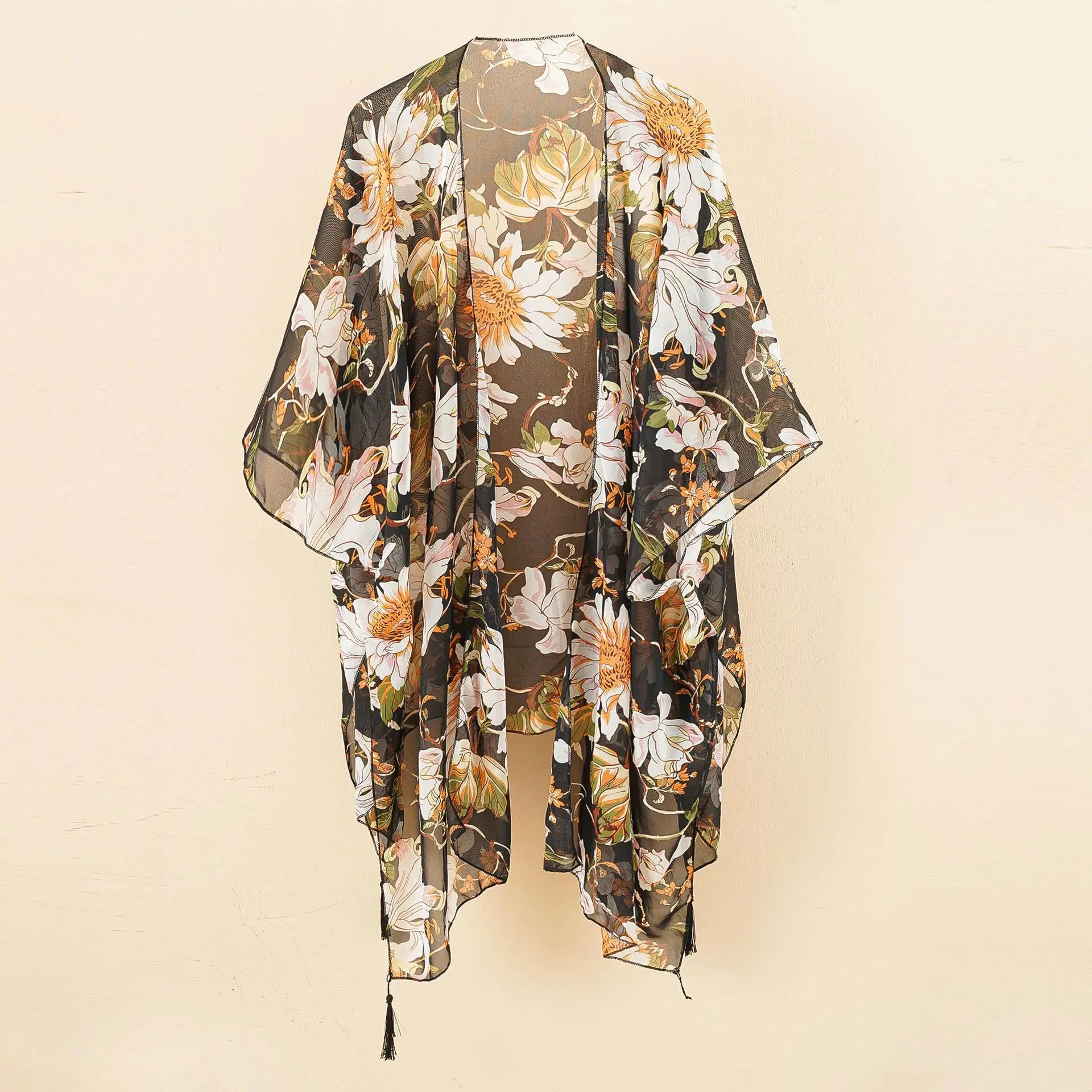 Kimono de Plage Noir Transparent à Fleurs fluide
